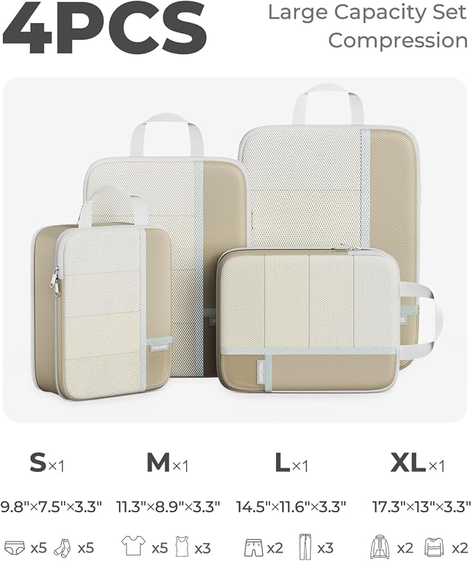 Percover Compression Packing Cubes for Travel, 4-Piece Structured Compression Organizer Set with Label Pockets for Carry-On & Checked Luggage, Camel - Image 2