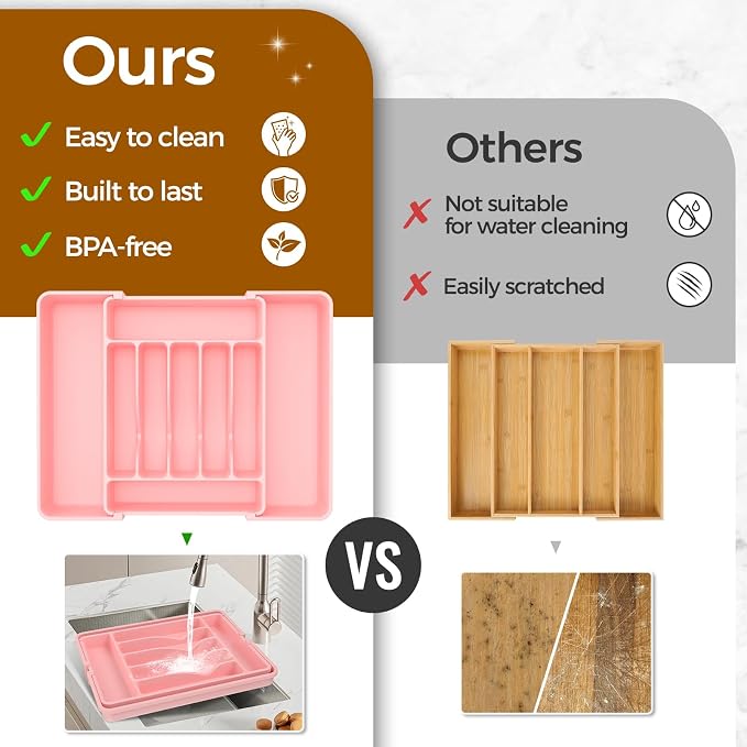 ukeetap Extra Large Expandable Silverware Organizer, Flatware Tray, Pink | BPA-Free Food-Safe Kitchen Utensil Cutlery Drawer Organizer, Adjustable Silverware Holder for Spoons Forks Knives - Image 7