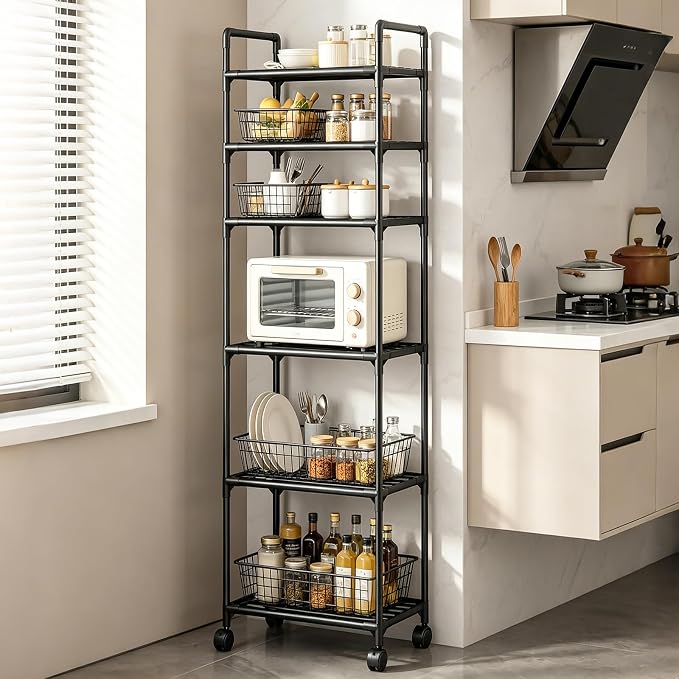 GOESWELL Storage Cart 6 Tier Slim Rolling Utility with Wheels for Bathroom | Storage Cart For Bathroom 6 Tier Slim Rolling Utility With 2 Lockable Casters Narrow Metal Shelving Unit by SolarOutdoorLights