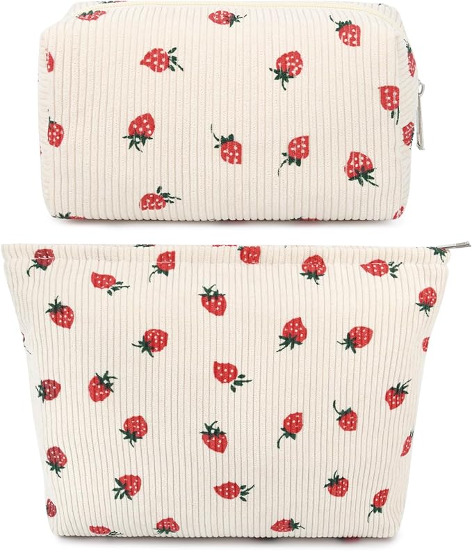 SOIDRAM 2 Pcs Cute Makeup Bag Large Cosmetic Bag Toiletry Bag Makeup Pouch Travel Bag Organizer Cute Makeup Brushes Aesthetic Accessories Storage Bag for Women Strawberry Beige by SOIDRAM