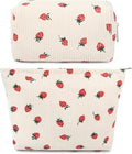 SOIDRAM 2 Pcs Cute Makeup Bag Large Cosmetic Bag Toiletry Bag Makeup Pouch Travel Bag Organizer Cute Makeup Brushes Aesthetic Accessories Storage Bag for Women Strawberry Beige by SOIDRAM