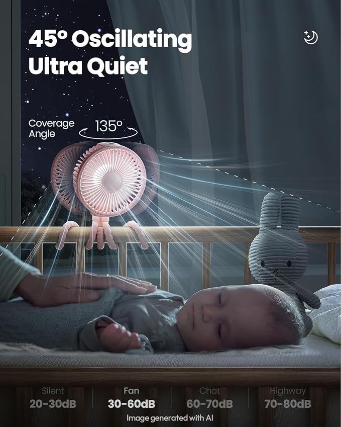 Gaiatop Oscillating Baby Stroller Fan with LED Lights, Rechargeable Pink | 4-Speed Quiet Cooling, 4.6 In, Battery Operated, 360° Rotate Clip On Small Portable Fans for Car Seat Crib Treadmill Travel - Image 4
