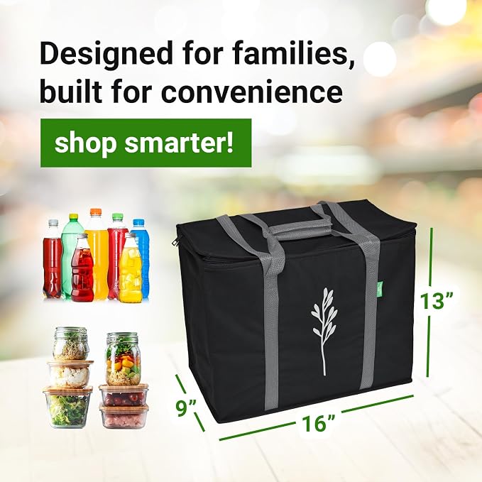 Green Bulldog 2Pack Insulated Grocery Bags – Foldable Reusable Cooler Bags with Handles for Everyday Use, Groceries, Food Delivery, and Shopping – 16”x9”x13”, Black - Image 4