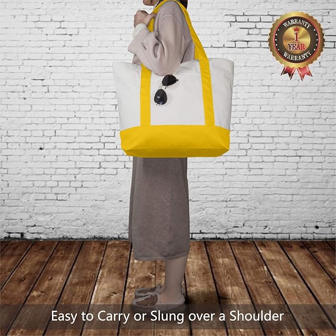 TOPDesign 3-Pack Canvas Tote Bags with an External Pocket, Reusable Grocery Shopping Bags, Top Zipper Closure, Daily Essentials (Yellow/Natural) - Image 2