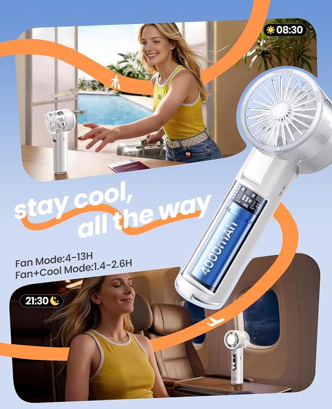 Handheld Fan with Ice Cooler, 13H Runtime, 16000RPM Turbo Motor, 100-Speed, 4000mAh Rechargeable Personal Fan, Portable Mini Hand Fan for Travel Outdoor Makeup White - Image 5
