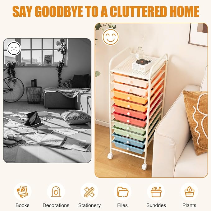 HOMGX Storage Cart with 10 Drawers, 10 Tiers Rolling Drawer Cart with 2 Lockable Wheels, Slim Rolling Storage Cart for Office/School/Home, Macaron - Image 7