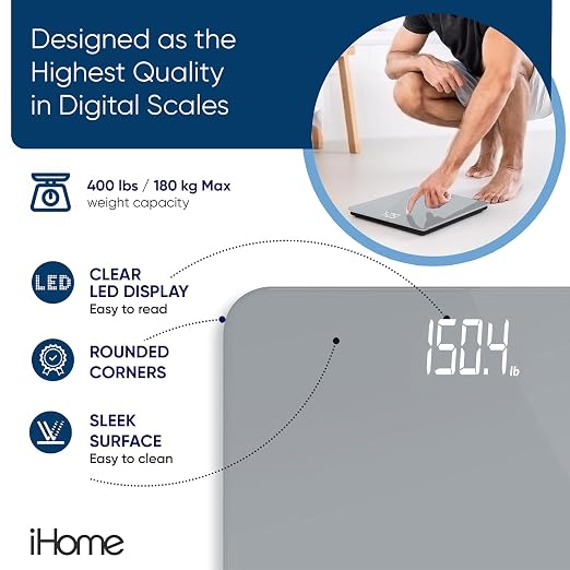 iHome Digital Scale, Bathroom Scale, Batteries Included, Scale Body Weight, Weight Scale, Digital Scale, Bathroom Scales for Weight, Digital Scales for Body Weight (Grey) - Image 6