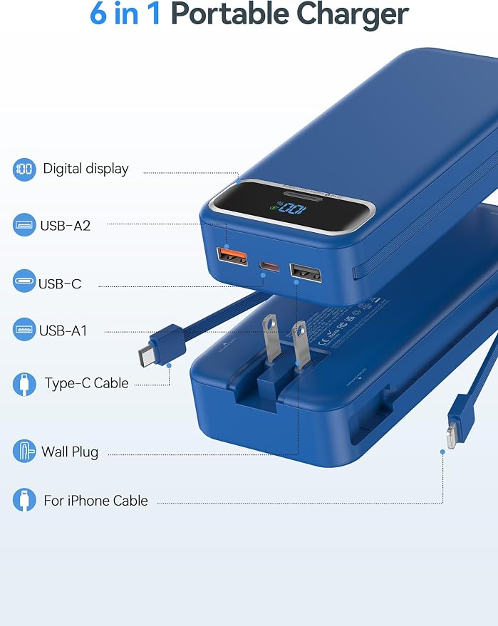 aonidi Portable Charger 20000mAh with Built-in Cables&AC Wall Plug, Navy | PD20W Fast Charging,Travel Essential,TSA Approved,LED Display,All in One USB C Power Bank for All Cell Phones Devices - Image 2
