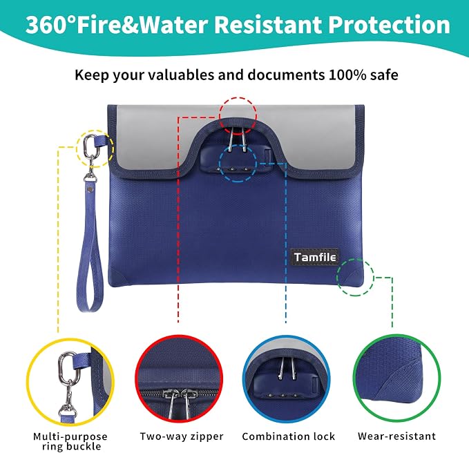 5200°F Fireproof Money Bag with Lock, Water Fireproof Document Bag with Zipper, 8 Layers Fire Insulation, Small Fireproof Safe Storage Pouch with Lock for Cash, Passport, (8.3" x 11", Blue) - Image 6