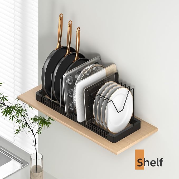 Pots and Pans Organizer under Cabinet, Expandable Pot Lid Organizer Holder with 12 Adjustable Compartment, Pan Organizers inside Cabinet for Lids, Bakeware, Kitchen Storage Pot Rack, Black - Image 7