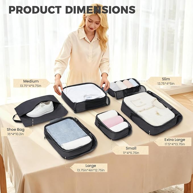 BAGAIL Lightweight Compression Packing Cubes for Travel, 6 Set, Dark Grey | Salis Nylon Fabric,Anti-Tearing,Save Space,SBS Zippers,Packing List,PVC Tag Pocket,Custom Labels,Visible Mesh,Portable Handel - Image 2