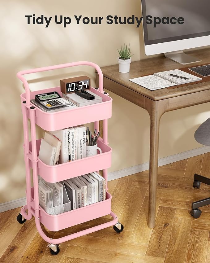 Pipishell Metal 3 Tier Rolling Cart with Handle & 2 Lockable Wheels, Pink | Four Large 2" Wheels for Easy Motion, Sturdy Metal, Hold 22 lbs per Shelf, Ideal for Nursery Room, Living Room, Painting Room - Image 7