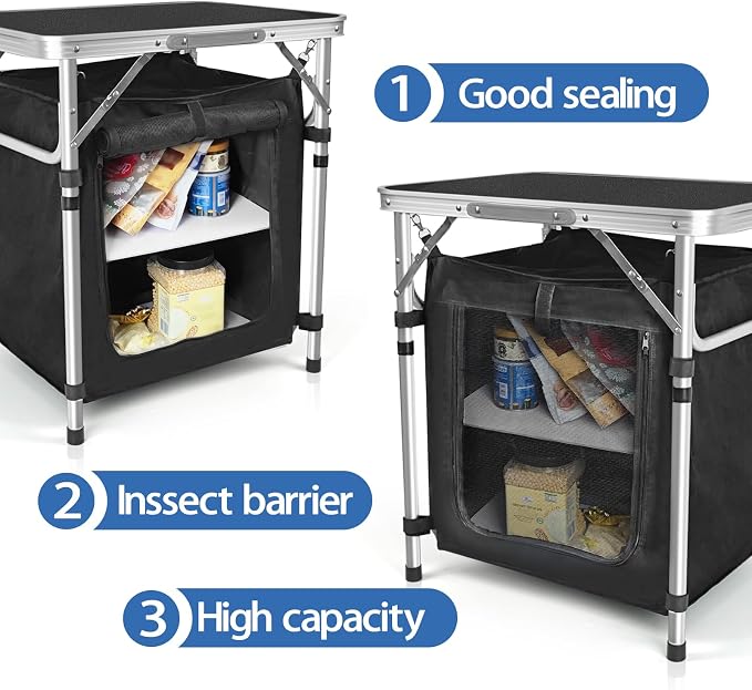 CampLand Folding Cooking Table Outdoor Portable Cook Station Aluminum Camping Kitchen with Storage Organizer, Windscreen, Hooks for BBQ, Party (SamllBlack) - Image 3