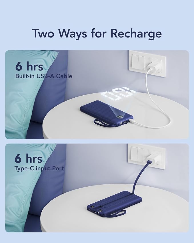 VRURC Portable Charger, Built in 4 Cables & Lanyard Power Bank 10000mAh | Compact USB C Phone Charging Bank 5 Outputs for Multi Devices,Travel Essential for Hiking Camping Business-Navy(1 Pack) - Image 7