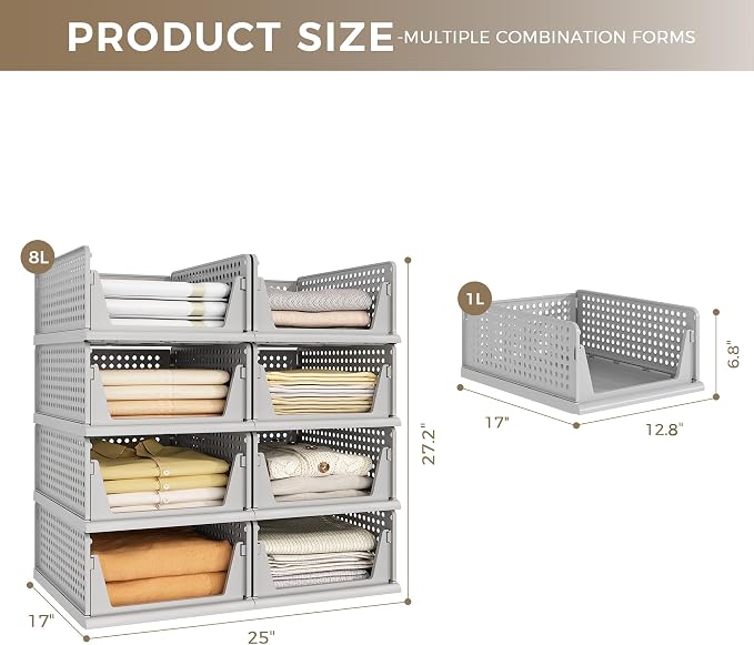 8 Pack Closet Organizer Storage Bins Stackable Plastic Drawer Shelf | Basket for Clothing Stackable Storage Bins Shelf Storage Container for Closet Wardrobe Bedroom Bathroom Office Grey Foldable - Image 2