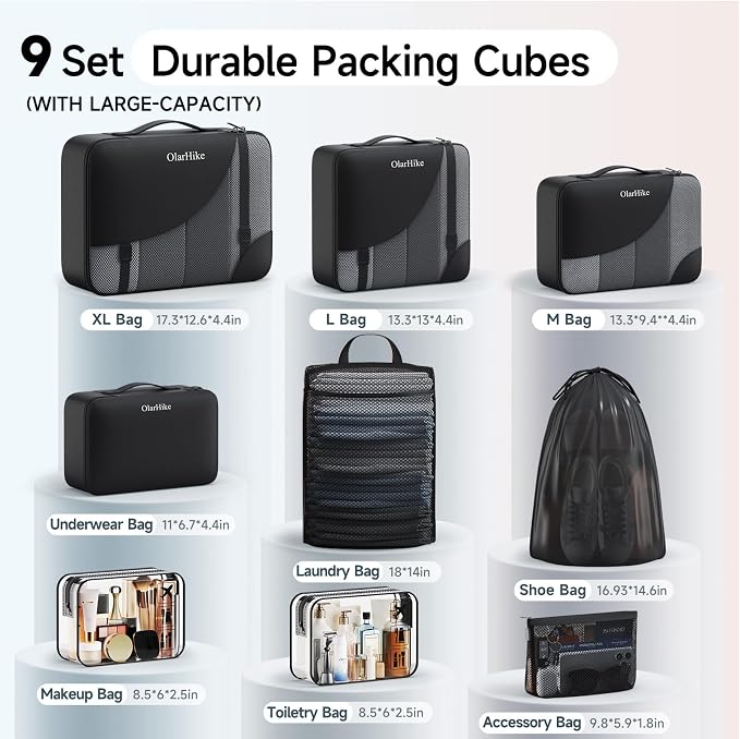 9 Set Packing Cubes for Travel, Gifts for Women Mom,Anti-Tearing Suitcase Organizer,OlarHike Vacation Essentials & Accessories for Cruise Ship - Image 2