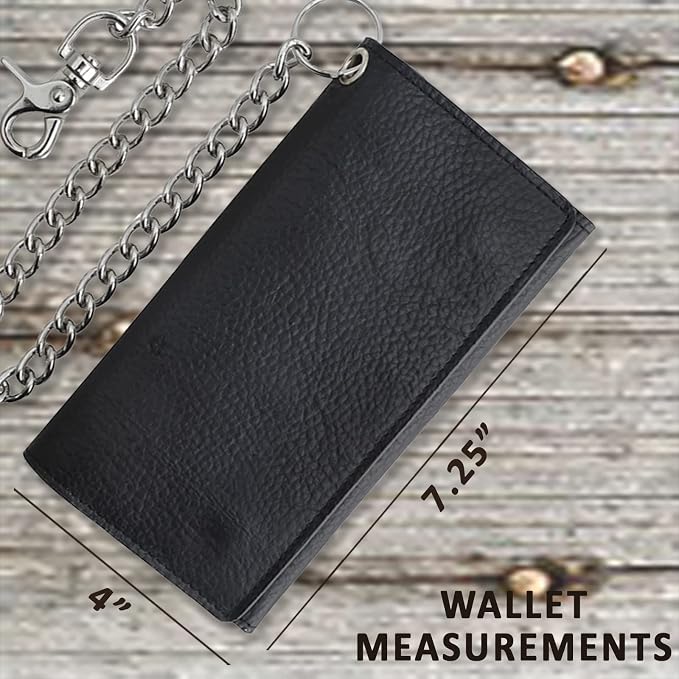 F&L CLASSIC RFID Blocking Mens Tri-fold Long Style Cowhide Leather Steel Chain Wallet,Black - Image 4