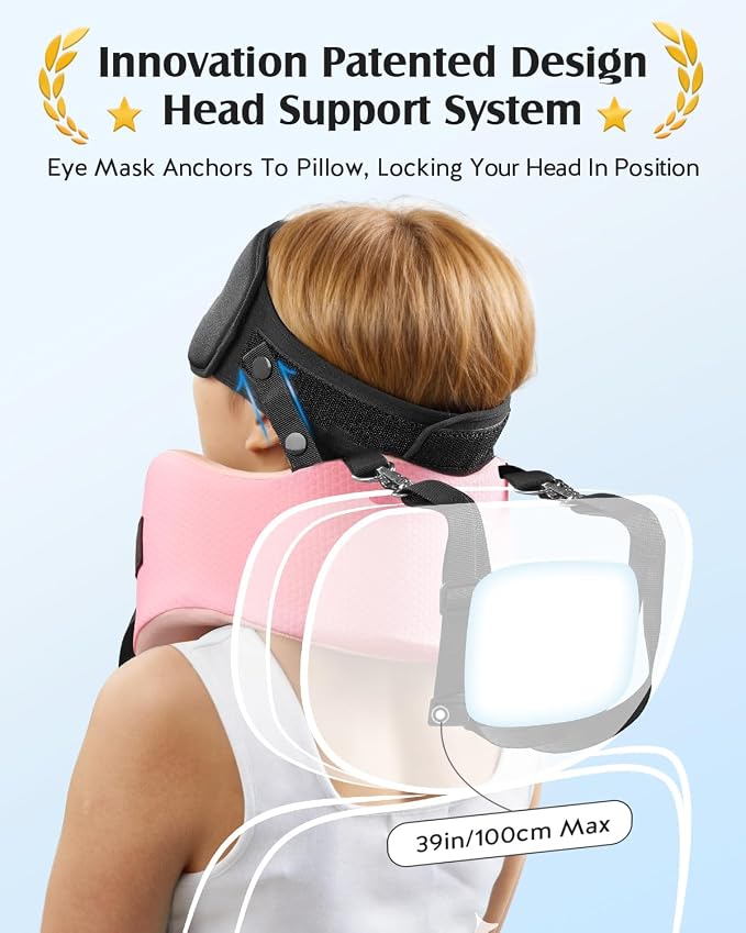 YFONG Travel Pillow with 3D Sleep Mask for Long Flights Airplane, Pink | Patented 360° Ergonomic Sleeper Hold Head Support System, Memory Foam Neck Pillow, Prevents Head Bobbing, Adjustable Strap - Image 3