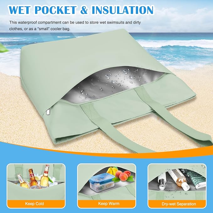 HUANLANG Large Beach Bags for Women Pool Bag with Zipper, Waterproof Sandproof Beach Tote Travel Bag with Wet Pocket - Image 7