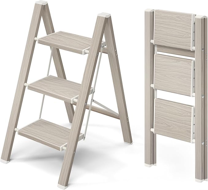 Mayi Plus 3 Step Stool Foldable, Aluminum, Lightweight Step Ladder | Extra-wide anti-slip folding steps with 330 lbs, for home,kitchen,office,outdoor,Fir woodgrain by MAYIPLUS
