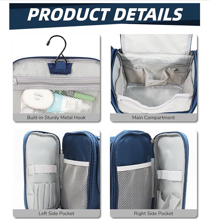 Buruis Hanging Toiletry Bag, Travel Toiletry Bag for Women and Men, Blue | Honeycomb Nylon Design, Large Capacity, Dual Zippers, Sturdy Hanging Hook, Full-Size Toiletry Storage, Cosmetic Essentials - Image 4