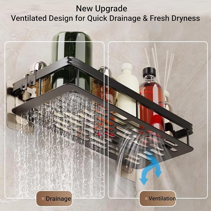 Shower Organizer and Storage: Aluminum Shower Caddy Adhesive Bathroom Shelves No Drill Wall Mount Bathroom Rack with Hooks and Towels Rod for Inside Shower (2 Pack) - Image 5