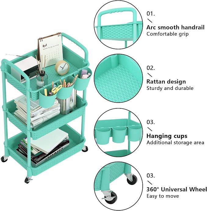 MOYIPIN 3-Tier Plastic Rolling Utility Cart with Handle,Turquoise | Utility Storage Cart for Office, Living Room, Kitchen,Movable Storage Organizer，Easy installation，Rattan-like art design - Image 7
