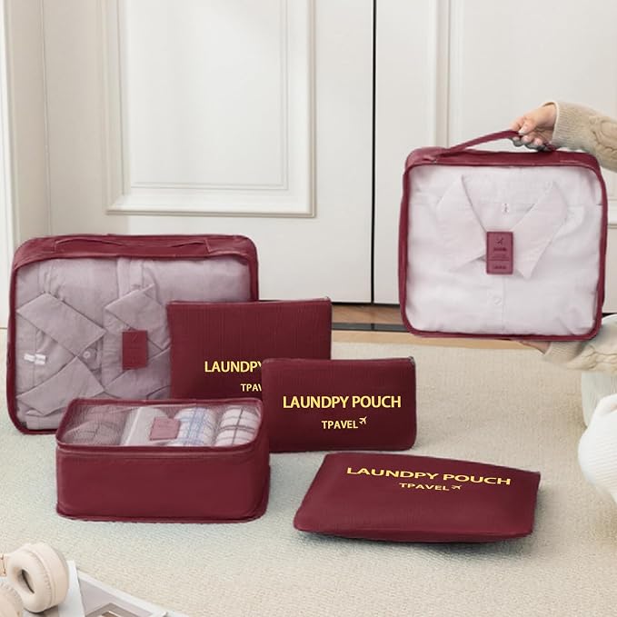 6 Set Packing Cubes for Travel Luggage Packing Bags Reusable Lightweight Suitcase Organizer Cubes Set for Travel Accessories (Wine Red) - Image 9