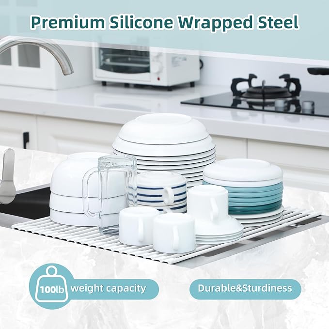 Ohuhu Over Sink Dish Drying Rack, 17.6" W x 15.4" L Roll Up Dish Racks Kitchen Sink Organizer Silicone Wrapped Large in Sink Dish Drying Rack Foldable Rolling Drain Mats Anti-Slip - Image 9