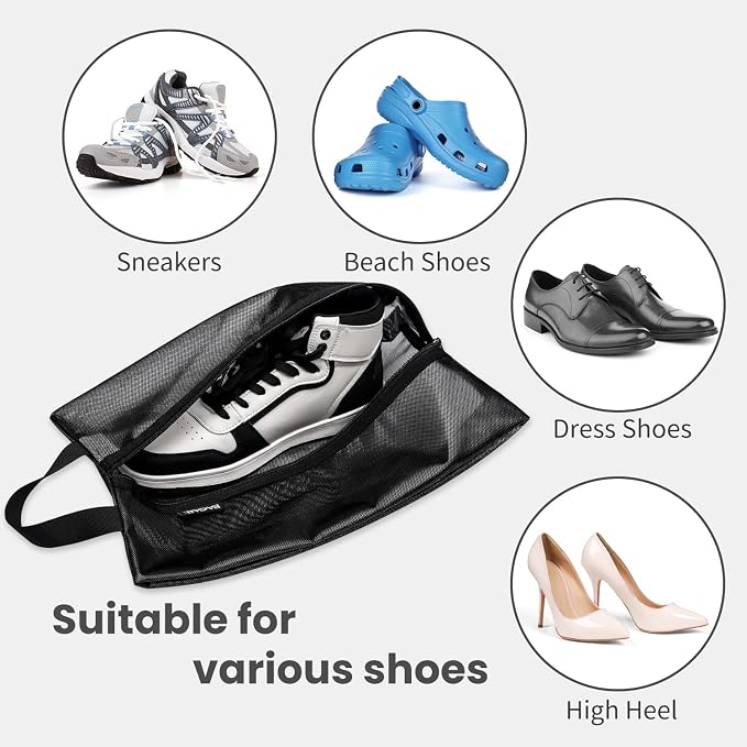 Bagail Shoe Bags for Travel, TPU Water Resistant Shoe Pouch(2Psc, Black) | 17x10x5in,Fits Women’s US 5-12,Fits Men’s US 6-16,Visible Mesh,TPU Water Resistant Lining,YKK Zipper,Portable Handle - Image 5