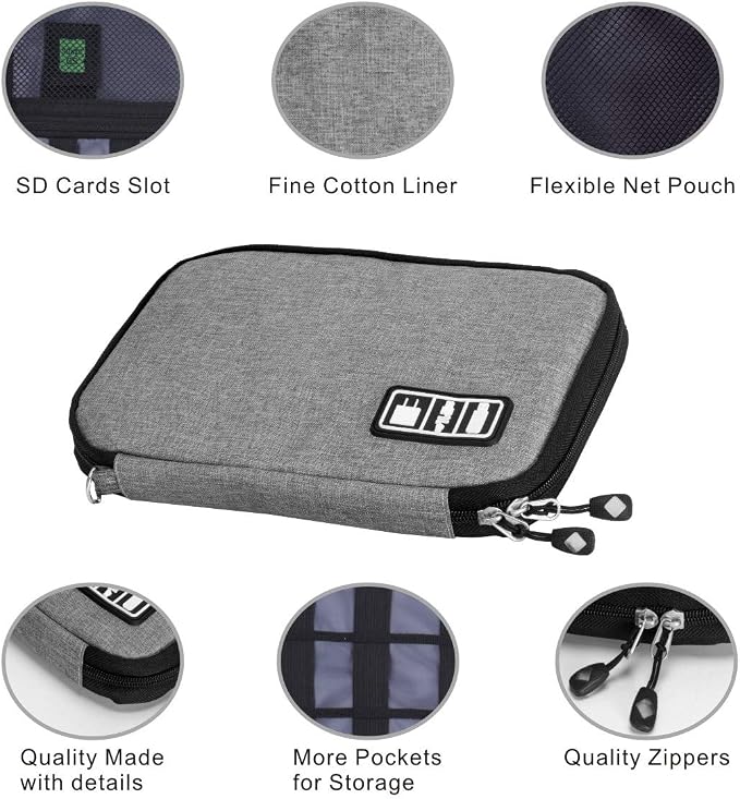 Travel Cable Organizer Bag Waterproof Portable Electronic Accessories Organizer for USB Cable Cord Phone Charger Headset Wire SD Card with 5pcs Cable Ties(Grey) - Image 7