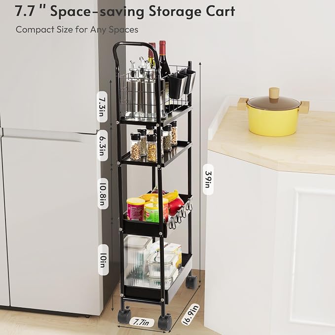 danpinera 4 Tier Slim Cart with Wheels, 7.7’’ Metal Skinny Rolling Storage Cart on Wheels for Kitchen, Bedroom, Office, Laundry Room, Small Narrow Spaces with Hooks and Cups, Black - Image 3