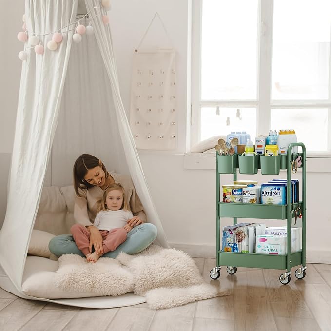 3-Tier Rolling Cart, Green, 66 Pounds Capacity, Mesh Storage Organizer with Lockable Wheels, 3 Hanging Cups, 4 Hooks, Easy Assembly, for Kitchen, Bathroom, Laundry, Grocery | Sturdy Rolling Storage Cart With Hooks & Hanging Cups, Great For Craft, Art W... - Image 8