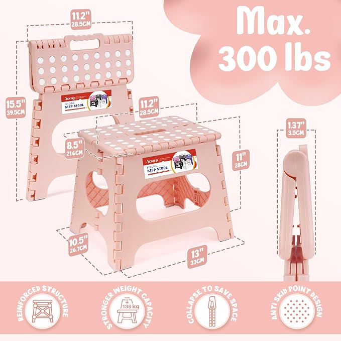 11" Folding Step Stool for Kids, Non-Slip Foldable Stool, Light Pink | Heavy Duty Collapsible Foot Stool, Lightweight with Built-in Handle, Holds 300 lb for Adults Kitchen Bathroom Bedroom Outdoor - Image 2