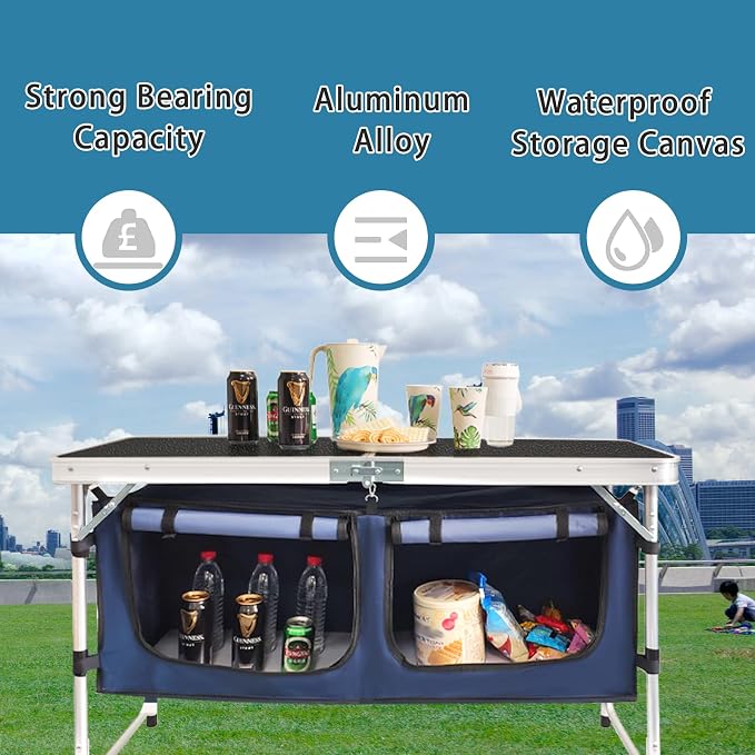 Folding Camping Table with Storage Compartment Aluminum Lightweight Camp Kitchen Table Height Adjustable Indoor/Outdoor Table Perfect for Tailgating, Backyards, BBQ, Picnic (Black-Wide W/Stool) - Image 3