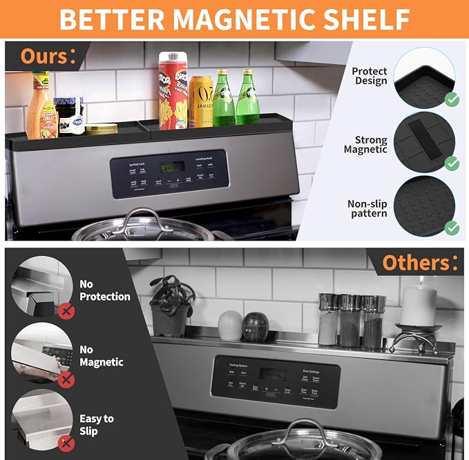 30 Inch Silicone Magnetic Stove Top Shelf, Kitchen Shelf Over Stove Spice Rack Apartment Must Haves Kitchen Gadgets for Above Stovetop Seasoning Organization and Storage with 2 Functional Prtitions - Image 4