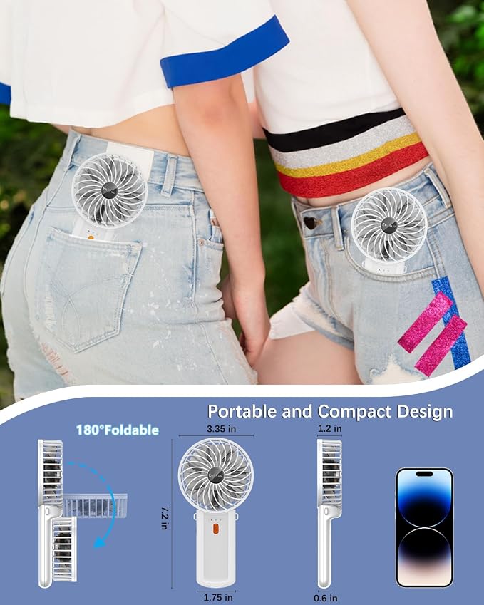 Portable Fan Handheld Fan, Mini Hand Held Fan, 6-15H Cooling Small Personal Fan, 180° Foldable Mini Desk Fan with 4 Quiet Speed, Neck Fan w/Lanyard for Kids Women Men Travel Outdoor Office, White - Image 4