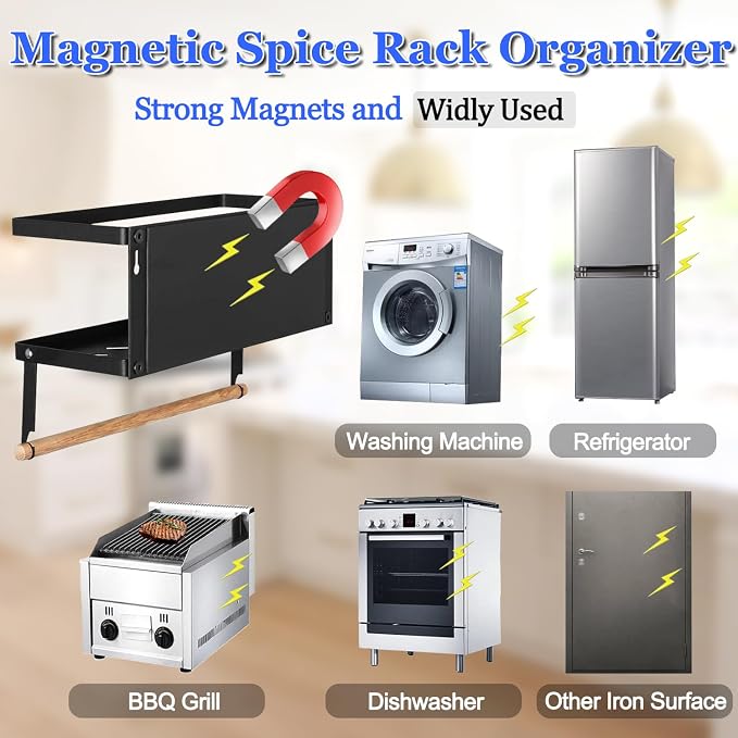 Magnetic Spice Rack for Refrigerator Magnetic Paper Towel Holder for Fridge Magnetic Shelf Magnetic Shelves 2 Hooks Fridge Magnet Organizer Spice Rack Seasoning Organizer Kitchen Storage - Image 5