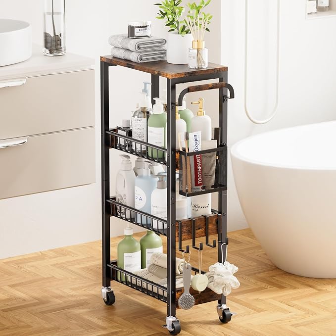 DTUQYX Slim Bathroom Storage Cart, 4 Tier Small Rolling Organizer Cabinet with Wood Top Handle, Mobile Shelving Unit Slide Out for Office, Kitchen, Laundry Room & Narrow Places (9.1" W Wood Basket) by DTUQYX