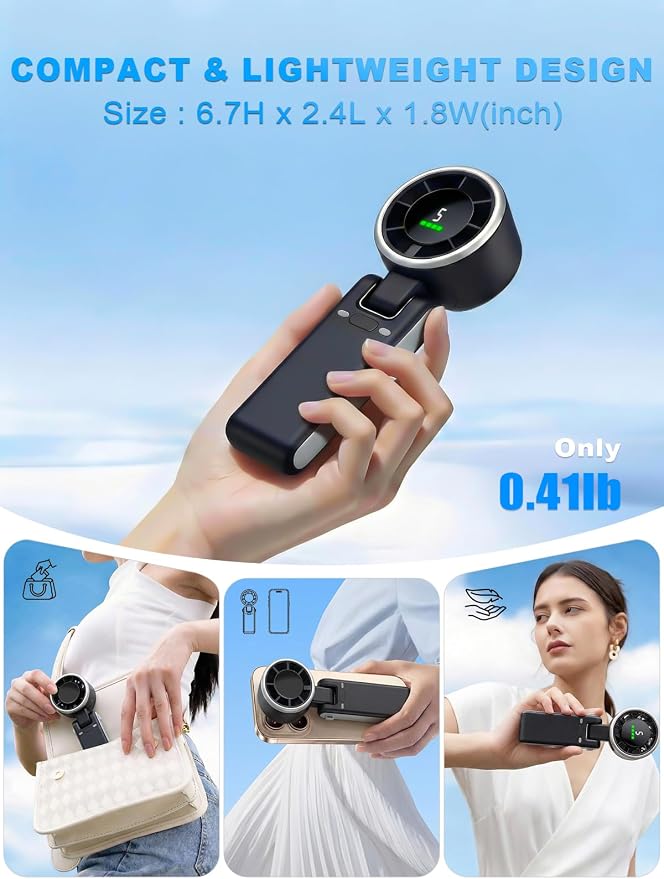 Portable Handheld Turbo Fan, 5 Gear Wind, Battery Operated, Up to 13 Working Hours Rechargeable Fan, 3 IN 1 Hand Fans with Air Turbo Tech Cooling Fan for for Travel, Beach, Outdoor - Black - Image 7