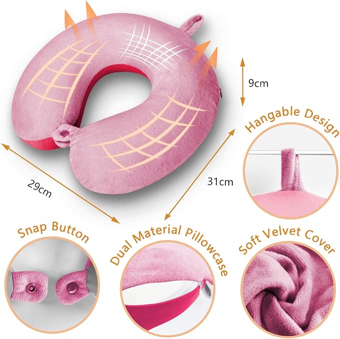 Travel Pillow, Memory Foam Neck Pillow for Traveling, U Shape Airplane Portable Flight Pillow Adult Travel Neck Pillow for Plane Train Car Home Office (Pink) - Image 5