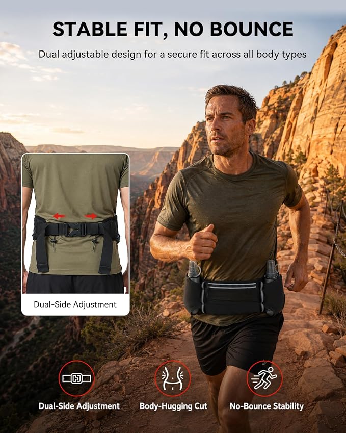 UTOBEST Running Hydration Belt with 2 Soft Flasks, 6-Pocket Waist Pack B5 | 2×200ml Soft Flasks, Waterproof Phone Pocket, Fits Phones Up to 6.9", Reflective Trim, Bib Clip for Race, Marathons, Training - Image 5
