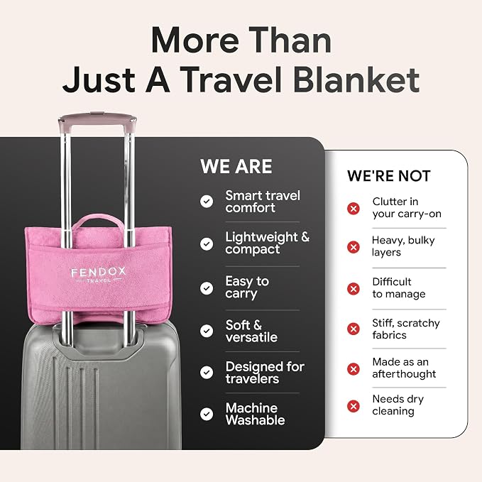 2-in-1 Travel Blanket and Pillow – Lightweight, Compact, Ultra Soft, Machine Washable – Handle, Luggage Sleeve, Backpack Clip – for Trave Airplane, Car, Office (light pink) - Image 6