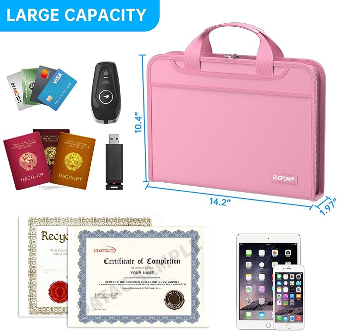 ENGPOW Accordion File Organizer,Fireproof Expanding File Folder with Multi Pockets,13 Pockets Document Organizer with Handle & Labels,Portable Home Travel Safe Storage Folder for Letter A4 Files,Pink - Image 5