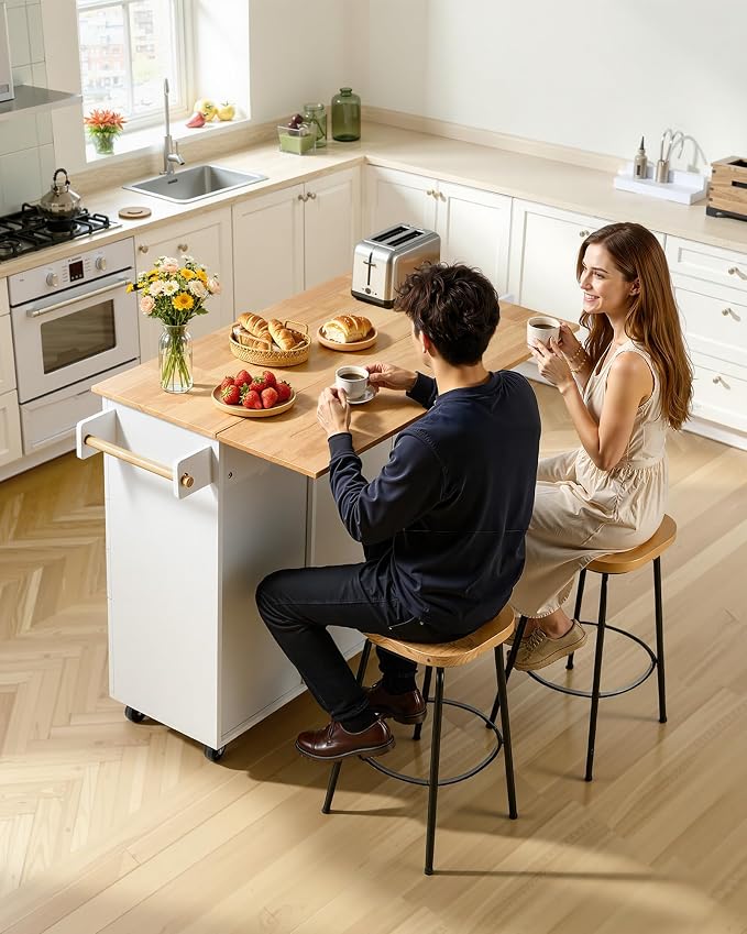 VEVOR Kitchen Island Cart, 45.3x39 inch Rolling Kitchen Table, Mobile Carts with Storage Cabinet and Solid Wood Top, Portable Islands with Wheels, Spice Rack, Towel Rack, Drop Leaf and Drawer, White - Image 9