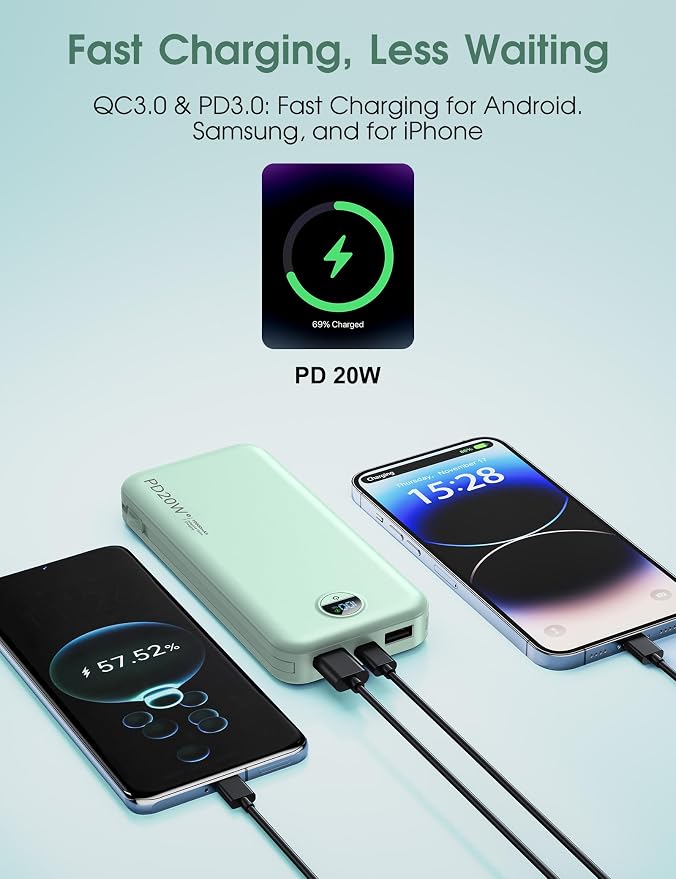 citicr Portable Charger 10000mAh PD20W w/Built-in Cables & Wall Plug Green | Fast charging, Built-in wall plug, LED display, Charge 5 devices at once, Pass through charging, TSA approved, Pocket size - Image 5