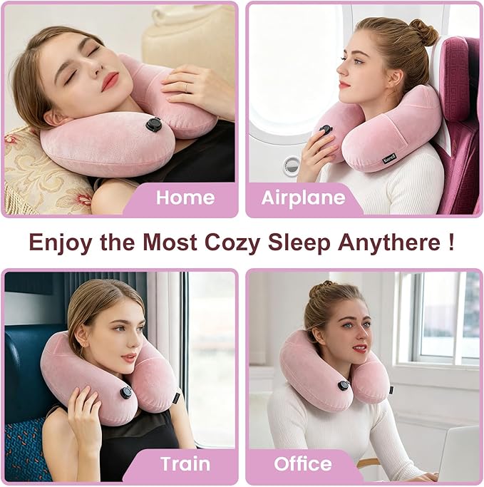Keemall Inflatable Travel Neck & Shoulder Pillow for Airplanes&Long Trips | Soft Luxury Velvet Neck Support with Washable Cover, for Flights, Camping & Office, Great Travel Gift for Women & Girls, Pink - Image 3
