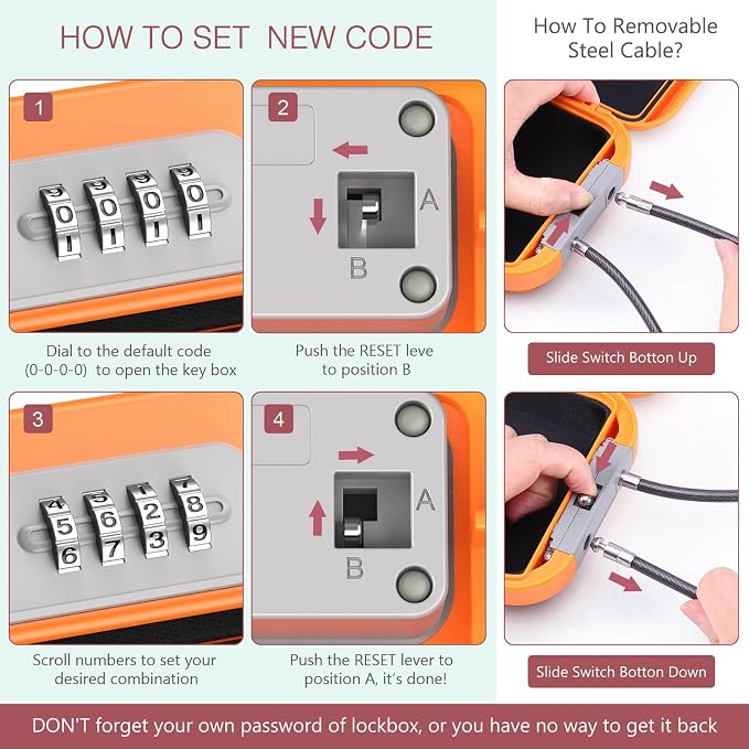 LOFICOPER Portable Safe Lock Box, Waterproof Anti-Theft Personal Security Case with 4 Digit Resettable Code, Removable Chain, Lightweight Beach Lock Box for Travel, Home, Office, Orange - Image 4