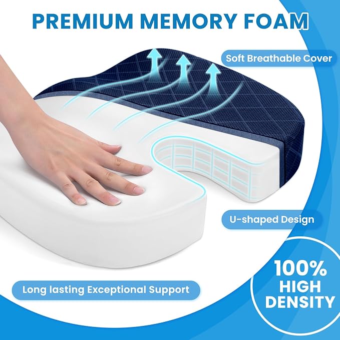 Seat Cushion - Memory Foam Cushion for Office Chair, Car Seat, Airplane, Bleacher - Sciatica & Coccyx Pain Relief Desk Chair Cushion for Long Sitting Office Workers, Car Drivers(Blue) | for Car Seat, Airplane, Desk Chair - Sciatica & Hip & Coccyx Pain ... - Image 3