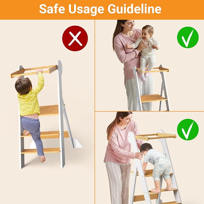 COSYLAND Foldable Toddler Kitchen Stool Helper - Height Adjustable Standing Tower for Bathroom Sink or Kitchen Counter - Step Stool for Toddlers Ages 18 Months to 6 Years White & Natural - Image 9
